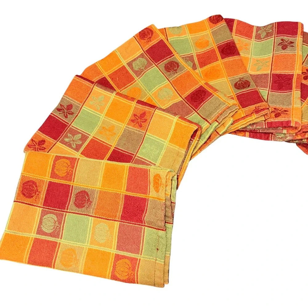 8 Vtg Fall Harvest Plaid Cloth Napkins Pumpkin Leaf Orange Red Green Square